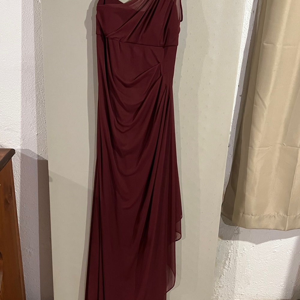 David’s Bridal long mesh one shoulder illusion dress burgundy
